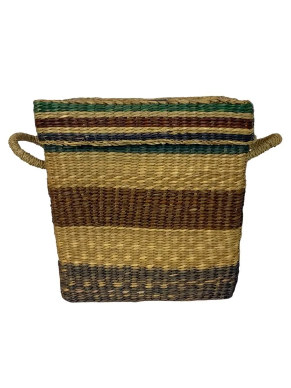 Square Bolga Basket With Lid Handles Handwoven Straw Multicolor Stripes Storage